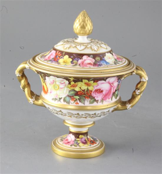 A Royal Crown Derby twin handled urn and cover, painted by Albert Gregory, height 20cm